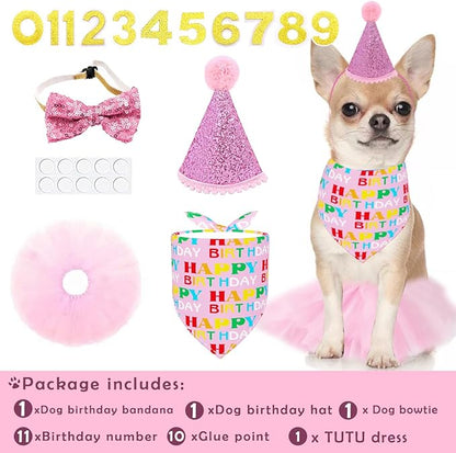 PET SHOW 4Pcs Pink Dog Birthday Hat with 11 (0-9) Numbers Happy Birthday Bandana Dogs Bowties Tutu Dress Set for Small Dogs Cats Puppy Party Wedding Supplies