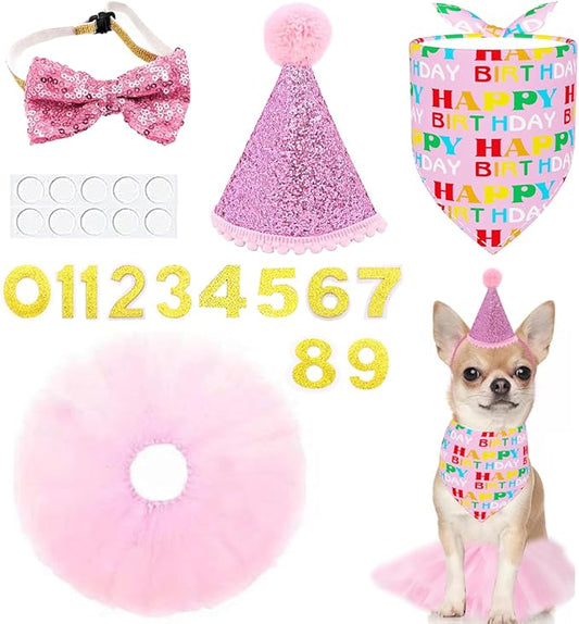 PET SHOW 4Pcs Pink Dog Birthday Hat with 11 (0-9) Numbers Happy Birthday Bandana Dogs Bowties Tutu Dress Set for Small Dogs Cats Puppy Party Wedding Supplies