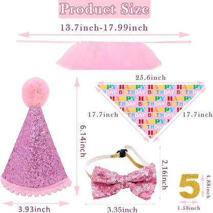 PET SHOW 4Pcs Pink Dog Birthday Hat with 11 (0-9) Numbers Happy Birthday Bandana Dogs Bowties Tutu Dress Set for Small Dogs Cats Puppy Party Wedding Supplies