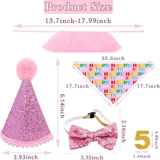 PET SHOW 4Pcs Pink Dog Birthday Hat with 11 (0-9) Numbers Happy Birthday Bandana Dogs Bowties Tutu Dress Set for Small Dogs Cats Puppy Party Wedding Supplies