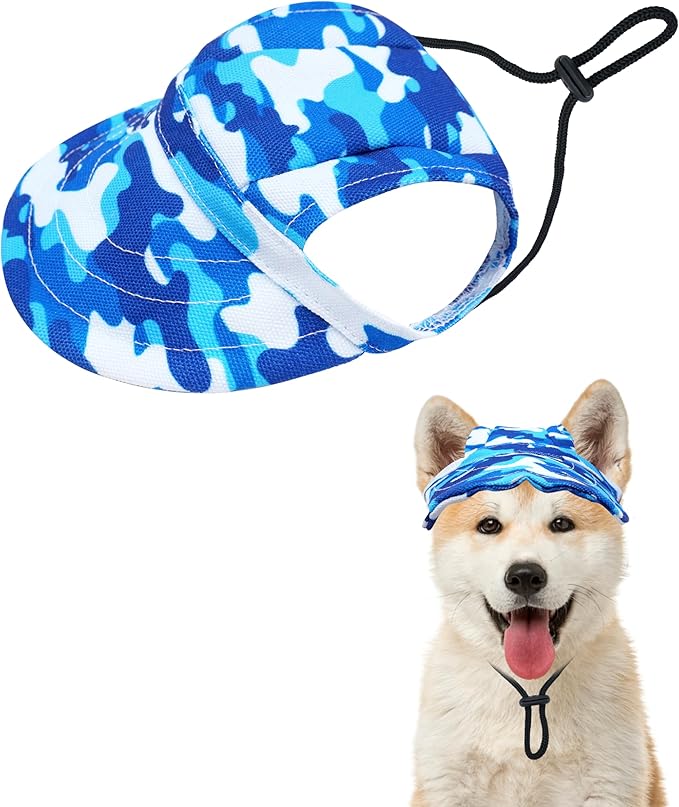 PET SHOW Dog Baseball Cap Camouflage Dog Visors for Small Doggy Cats Summer Waterproof Pet Sun Hats with Ear Holes Adjustable Drawstring Boy Puppy Hat -Blue/S