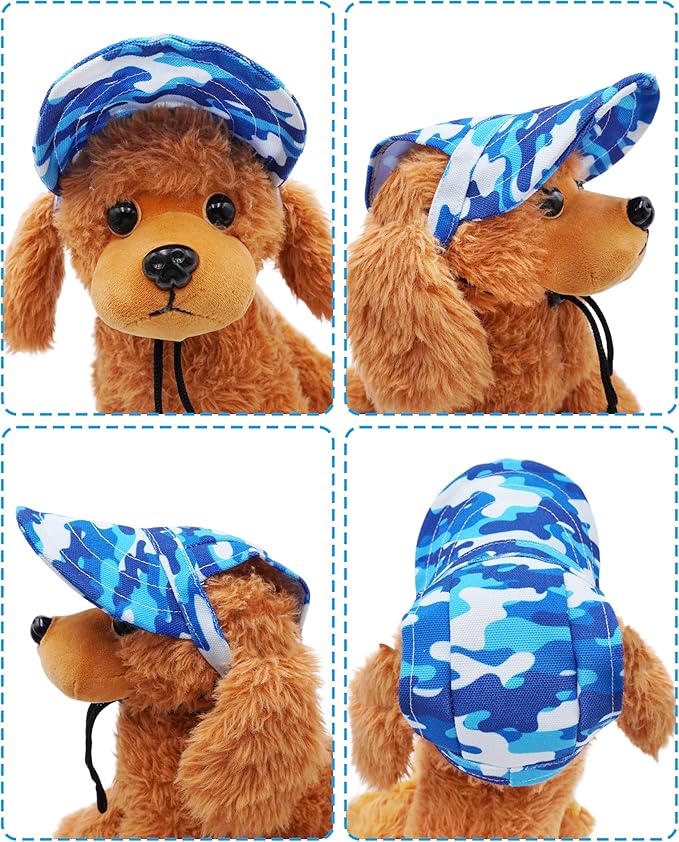 PET SHOW Dog Baseball Cap Camouflage Dog Visors for Small Doggy Cats Summer Waterproof Pet Sun Hats with Ear Holes Adjustable Drawstring Boy Puppy Hat -Blue/XS