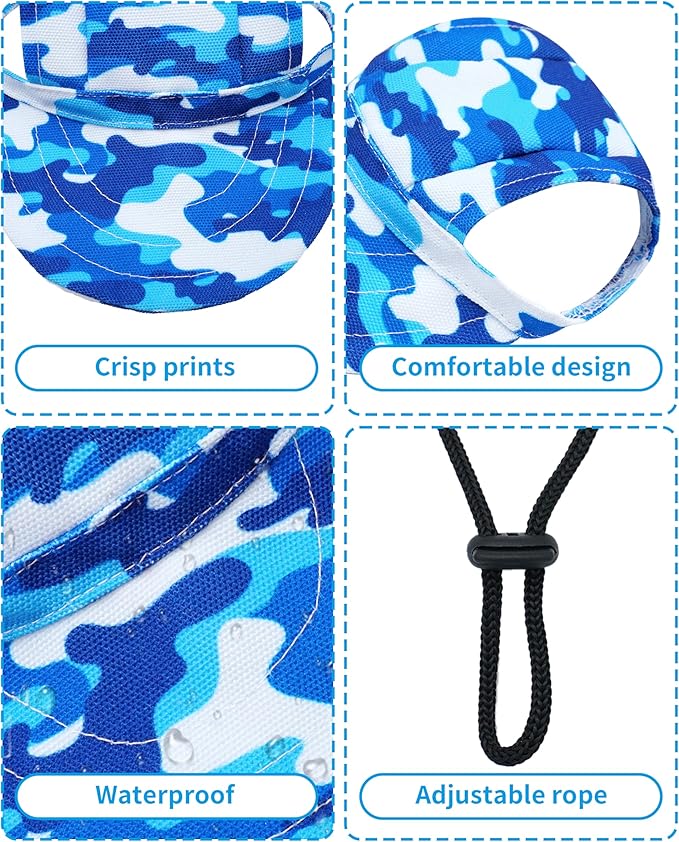 PET SHOW Dog Baseball Cap Camouflage Dog Visors for Small Doggy Cats Summer Waterproof Pet Sun Hats with Ear Holes Adjustable Drawstring Boy Puppy Hat -Blue/XS