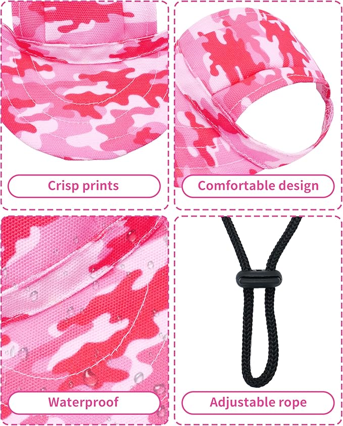 PET SHOW Dog Baseball Cap Camouflage Dog Visors for Small Doggy Cats Summer Waterproof Pet Sun Hats with Ear Holes Adjustable Drawstring Girl Puppy Hat -Pink/XS