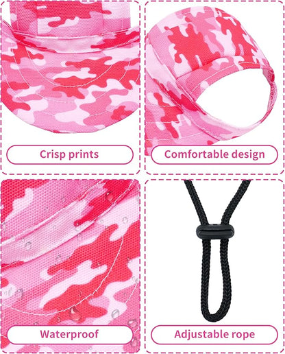 PET SHOW Dog Baseball Cap Camouflage Dog Visors for Small Doggy Cats Summer Waterproof Pet Sun Hats with Ear Holes Adjustable Drawstring Girl Puppy Hat -Pink/XS