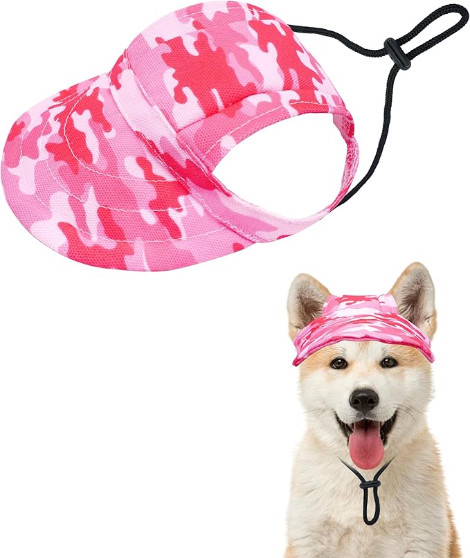 PET SHOW Dog Baseball Cap Camouflage Dog Visors for Small Doggy Cats Summer Waterproof Pet Sun Hats with Ear Holes Adjustable Drawstring Girl Puppy Hat -Pink/XS