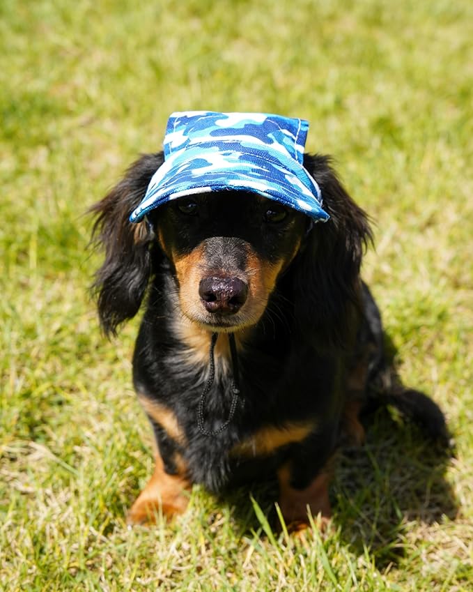 PET SHOW Dog Baseball Cap Camouflage Dog Visors for Small Medium Dogs Summer Waterproof Pet Sun Hats with Ear Holes Adjustable Drawstring Boy Puppy Hat -Blue/M