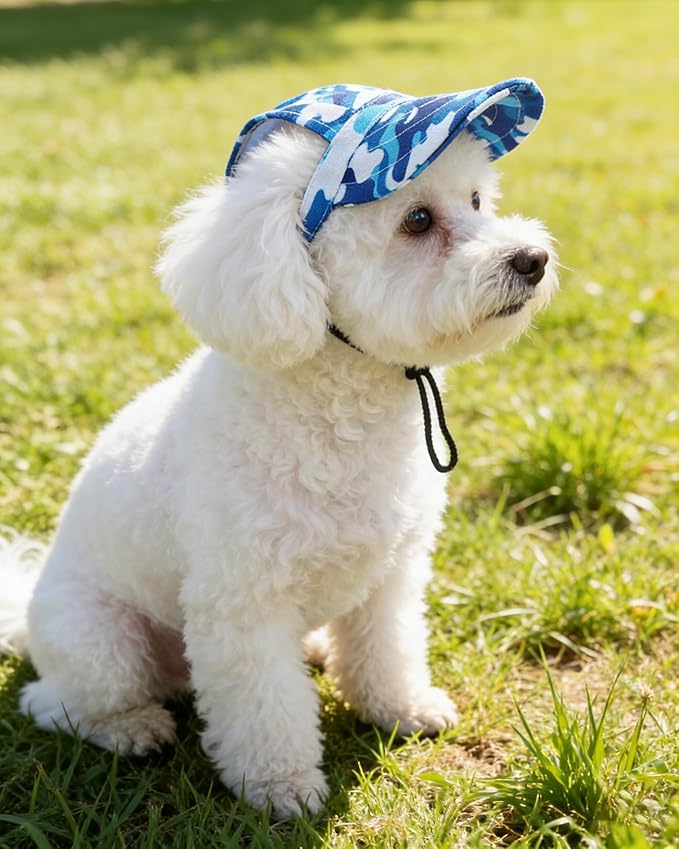 PET SHOW Dog Baseball Cap Camouflage Dog Visors for Small Medium Dogs Summer Waterproof Pet Sun Hats with Ear Holes Adjustable Drawstring Boy Puppy Hat -Blue/M