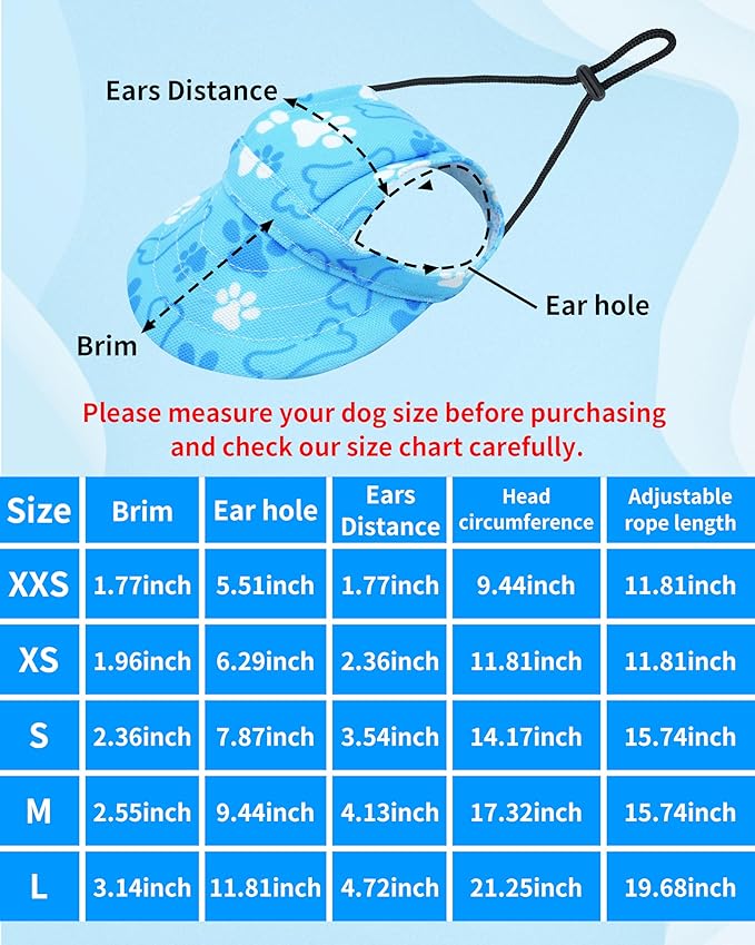 PET SHOW Dog Baseball Cap Paw Print Dog Visors for Small Doggy Cats Waterproof Pet Sun Hats with Ear Holes Adjustable Drawstring Boy Puppy Hat - Blue/XS