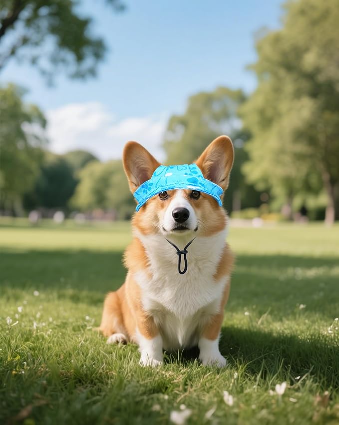 PET SHOW Dog Baseball Cap Paw Print Dog Visors for Small Doggy Cats Waterproof Pet Sun Hats with Ear Holes Adjustable Drawstring Boy Puppy Hat - Blue/XS