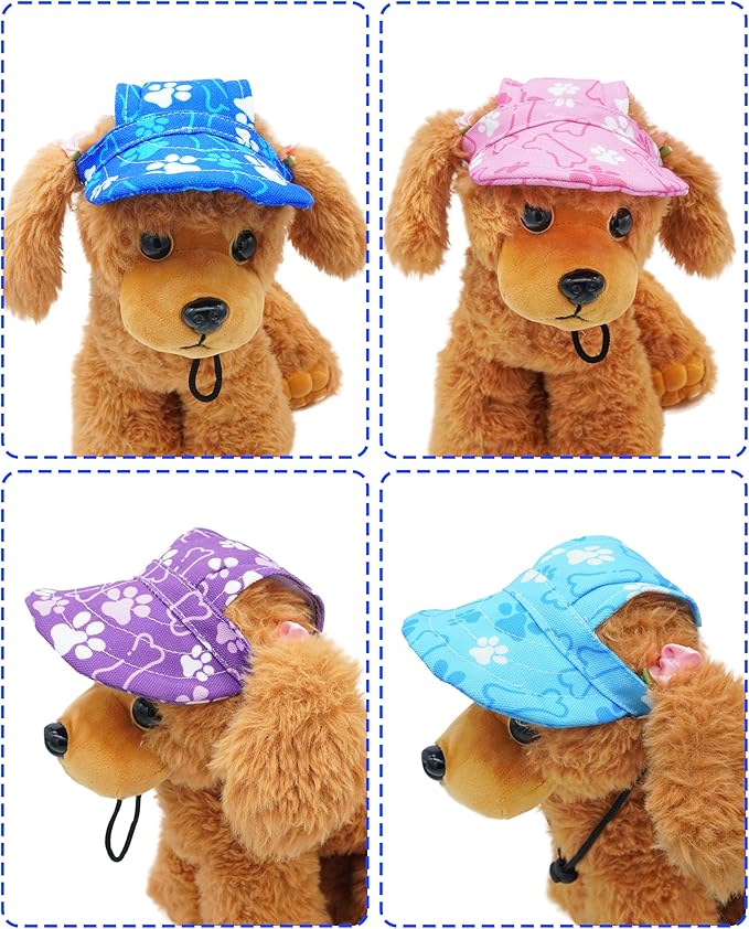 PET SHOW Dog Baseball Cap Paw Print Dog Visors for Small Doggy Cats Waterproof Pet Sun Hats with Ear Holes Adjustable Drawstring Boy Puppy Hat - Blue/XXS