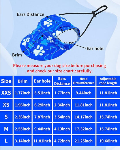 PET SHOW Dog Baseball Cap Paw Print Dog Visors for Small Doggy Cats Waterproof Pet Sun Hats with Ear Holes Adjustable Drawstring Boy Puppy Hat - Royal Blue/S