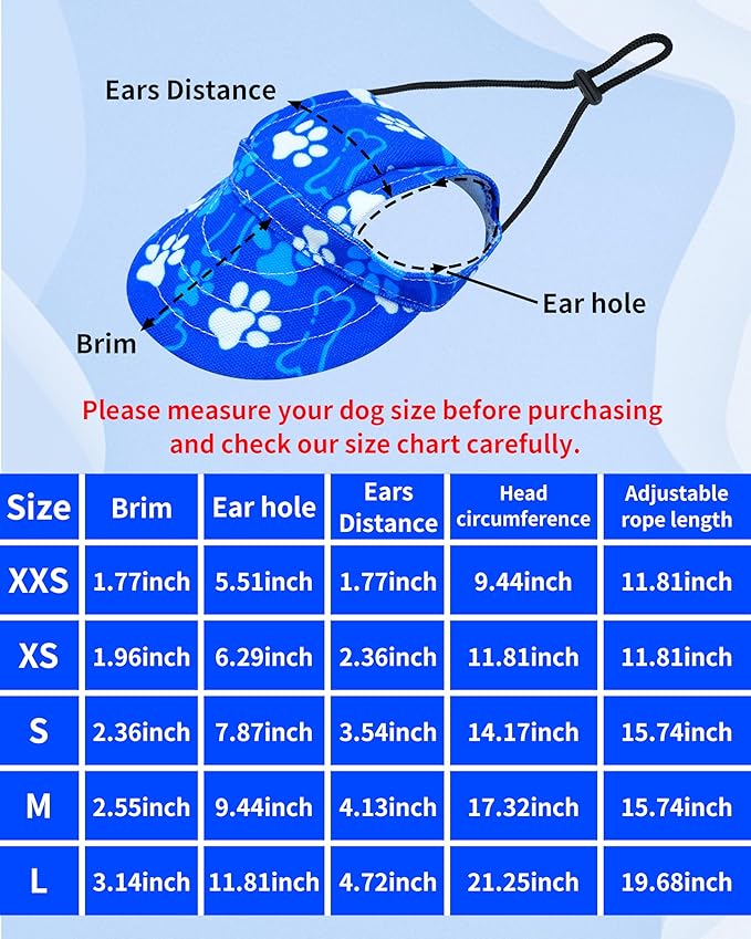 PET SHOW Dog Baseball Cap Paw Print Dog Visors for Small Doggy Cats Waterproof Pet Sun Hats with Ear Holes Adjustable Drawstring Boy Puppy Hat - Royal Blue/XS