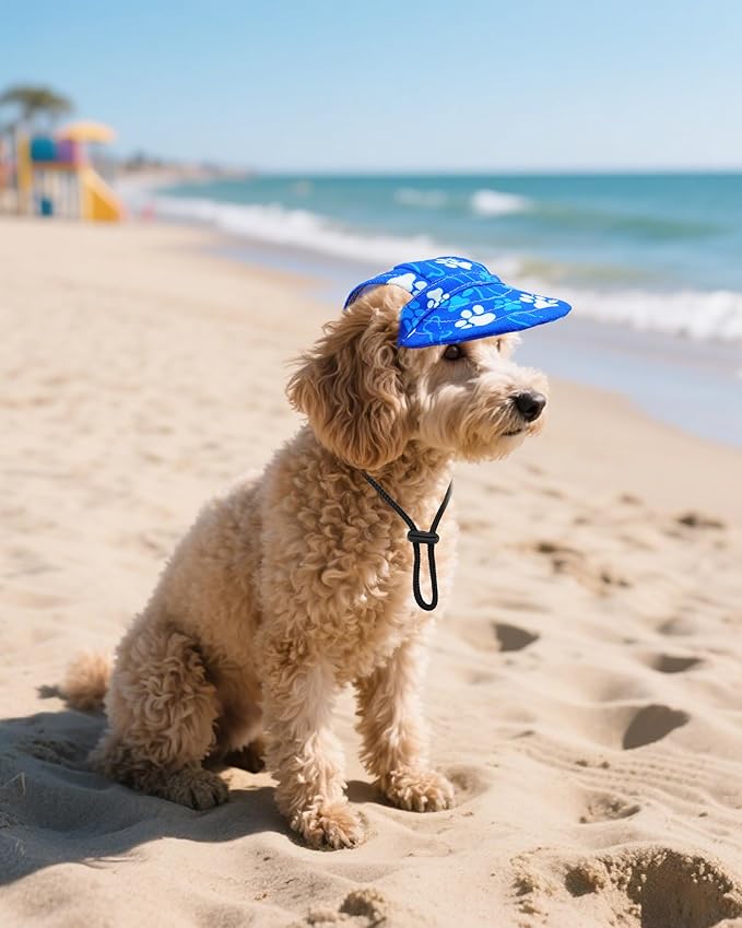PET SHOW Dog Baseball Cap Paw Print Dog Visors for Small Doggy Cats Waterproof Pet Sun Hats with Ear Holes Adjustable Drawstring Boy Puppy Hat - Royal Blue/XS