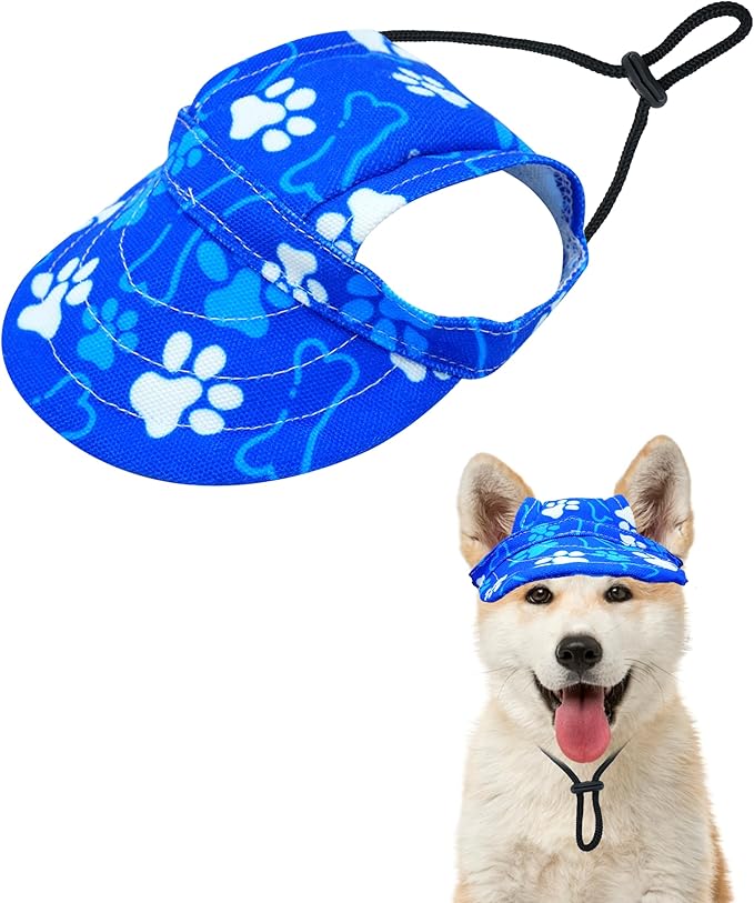 PET SHOW Dog Baseball Cap Paw Print Dog Visors for Small Doggy Cats Waterproof Pet Sun Hats with Ear Holes Adjustable Drawstring Boy Puppy Hat - Royal Blue/XS