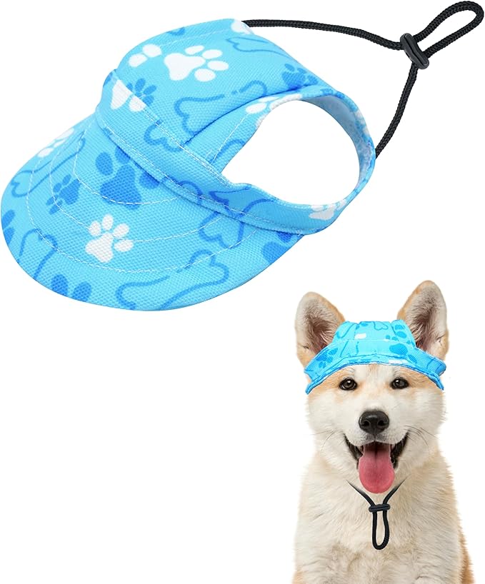 PET SHOW Dog Baseball Cap Paw Print Dog Visors for Small Medium Dogs Waterproof Pet Sun Hats with Ear Holes Adjustable Drawstring Boy Puppy Hat - Blue/M
