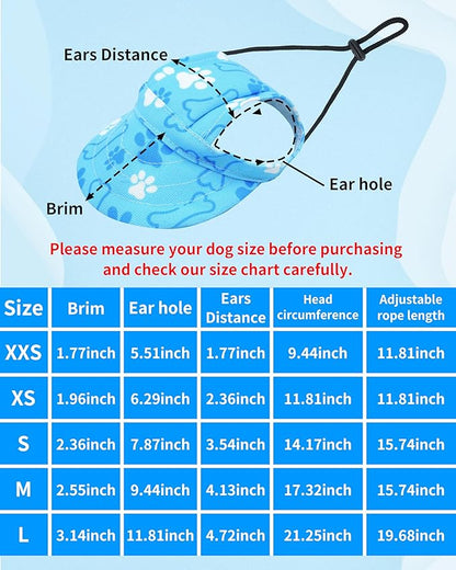 PET SHOW Dog Baseball Cap Paw Print Dog Visors for Small Medium Dogs Waterproof Pet Sun Hats with Ear Holes Adjustable Drawstring Boy Puppy Hat - Blue/M