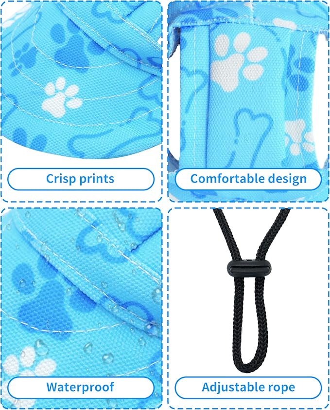 PET SHOW Dog Baseball Cap Paw Print Dog Visors for Small Medium Dogs Waterproof Pet Sun Hats with Ear Holes Adjustable Drawstring Boy Puppy Hat - Blue/M