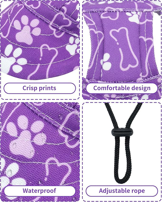 PET SHOW Dog Baseball Cap Paw Print Dog Visors for Small Medium Dogs Waterproof Pet Sun Hats with Ear Holes Adjustable Drawstring Girl Puppy Hat -Purple/M