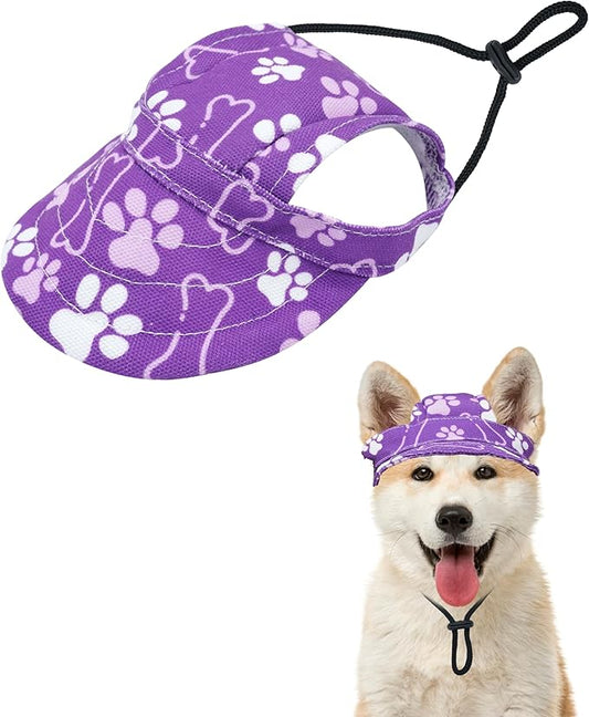PET SHOW Dog Baseball Cap Paw Print Dog Visors for Small Medium Dogs Waterproof Pet Sun Hats with Ear Holes Adjustable Drawstring Girl Puppy Hat -Purple/M
