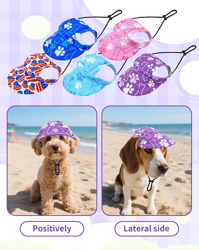 PET SHOW Dog Baseball Cap Paw Print Dog Visors for Small Medium Dogs Waterproof Pet Sun Hats with Ear Holes Adjustable Drawstring Girl Puppy Hat -Purple/M