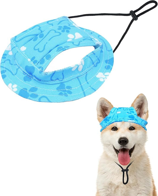 PET SHOW Dog Bucket Hat Paw Print Dog Visors for Small Doggy Cats Waterproof Outdoor Pet Sun Hats with Ear Holes Round Brim Adjustable Drawstring Boy Puppy Cap-Blue/S