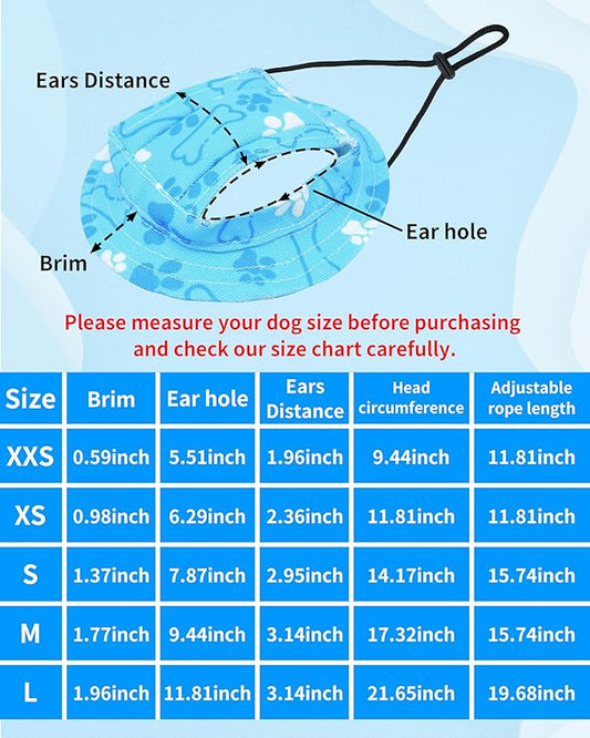 PET SHOW Dog Bucket Hat Paw Print Dog Visors for Small Doggy Cats Waterproof Outdoor Pet Sun Hats with Ear Holes Round Brim Adjustable Drawstring Boy Puppy Cap-Blue/S