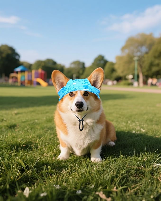 PET SHOW Dog Bucket Hat Paw Print Dog Visors for Small Doggy Cats Waterproof Outdoor Pet Sun Hats with Ear Holes Round Brim Adjustable Drawstring Boy Puppy Cap-Blue/S