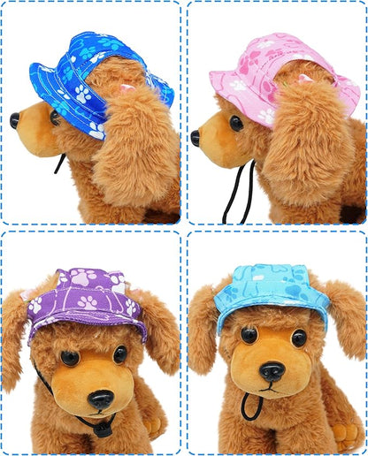 PET SHOW Dog Bucket Hat Paw Print Dog Visors for Small Doggy Cats Waterproof Outdoor Pet Sun Hats with Ear Holes Round Brim Adjustable Drawstring Boy Puppy Cap-Blue/S