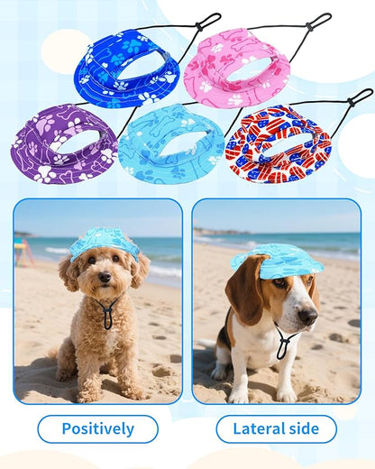 PET SHOW Dog Bucket Hat Paw Print Dog Visors for Small Doggy Cats Waterproof Outdoor Pet Sun Hats with Ear Holes Round Brim Adjustable Drawstring Boy Puppy Cap-Blue/S
