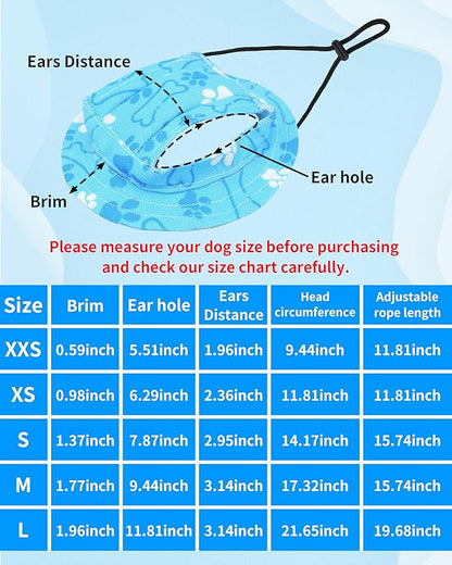 PET SHOW Dog Bucket Hat Paw Print Dog Visors for Small Medium Dogs Waterproof Outdoor Pet Sun Hats with Ear Holes Round Brim Adjustable Drawstring Boy Puppy Cap-Blue/M