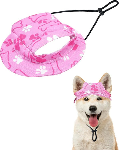 PET SHOW Dog Bucket Hat Paw Print Dog Visors for Small Medium Dogs Waterproof Outdoor Pet Sun Hats with Ear Holes Round Brim Adjustable Drawstring Girl Puppy Cap-Pink/M