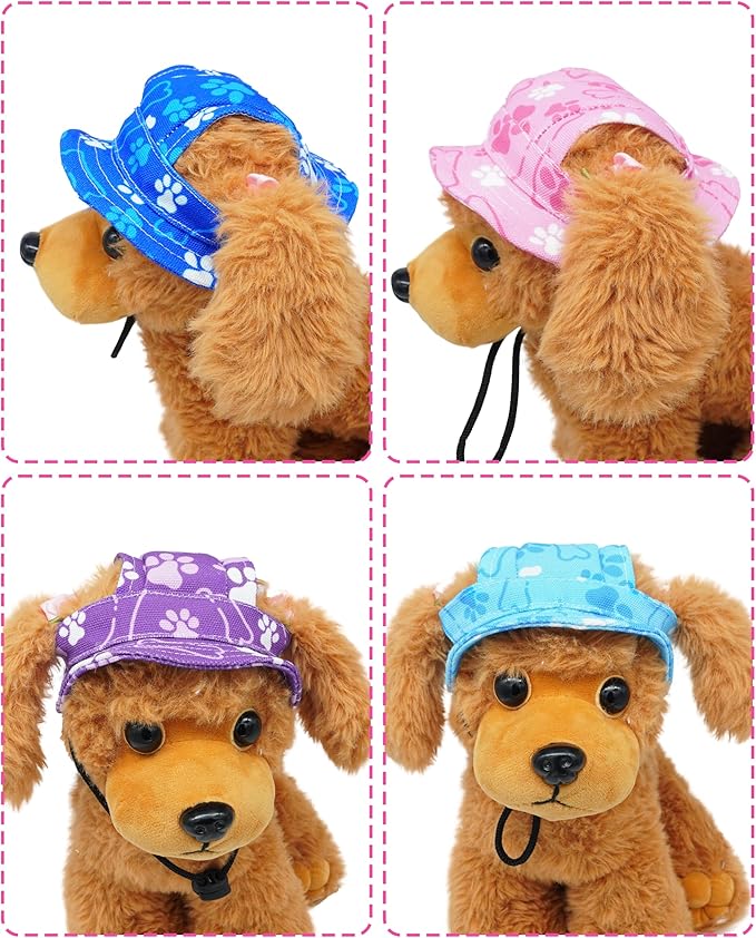 PET SHOW Dog Bucket Hat Paw Print Dog Visors for Small Medium Dogs Waterproof Outdoor Pet Sun Hats with Ear Holes Round Brim Adjustable Drawstring Girl Puppy Cap-Pink/M