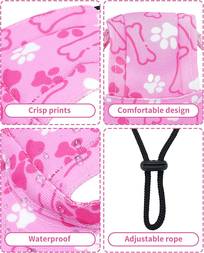 PET SHOW Dog Bucket Hat Paw Print Dog Visors for Small Medium Dogs Waterproof Outdoor Pet Sun Hats with Ear Holes Round Brim Adjustable Drawstring Girl Puppy Cap-Pink/M