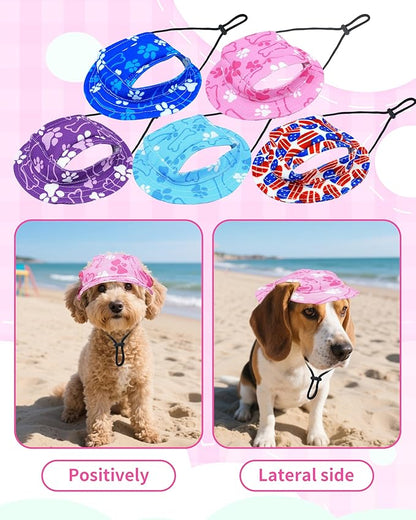 PET SHOW Dog Bucket Hat Paw Print Dog Visors for Small Medium Dogs Waterproof Outdoor Pet Sun Hats with Ear Holes Round Brim Adjustable Drawstring Girl Puppy Cap-Pink/M