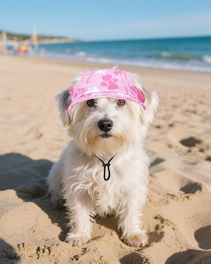 PET SHOW Dog Bucket Hat Paw Print Dog Visors for Small Medium Dogs Waterproof Outdoor Pet Sun Hats with Ear Holes Round Brim Adjustable Drawstring Girl Puppy Cap-Pink/M
