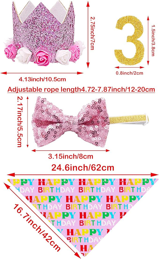 PET SHOW Pink Floral Hat, Bandana & Collar Bows Charms Set - Dog, Cat, Rabbit, Pig Birthday Gift - Reusable Adjustable Hat with 0-9 Figures, Pink for Girls - Apparel