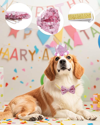 PET SHOW Pink Floral Hat, Bandana & Collar Bows Charms Set - Dog, Cat, Rabbit, Pig Birthday Gift - Reusable Adjustable Hat with 0-9 Figures, Pink for Girls - Apparel