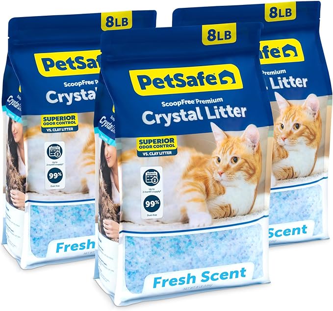 PetSafe ScoopFree Premium Crystal Cat Litter - Ultra-Absorbent Silica Universal Litterbox Crystals - Non-Clumping Odor Control - Fresh Scent - 8 lb Bag - 3 Pack