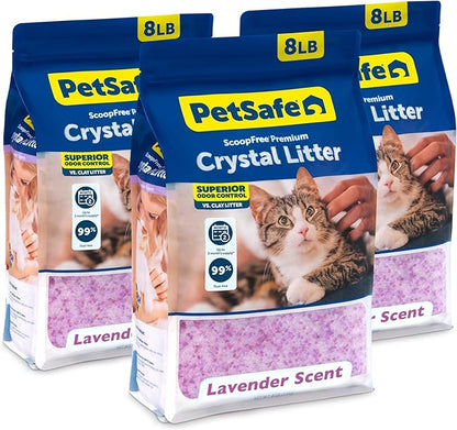 PetSafe ScoopFree Premium Crystal Cat Litter - Ultra-Absorbent Silica Universal Litterbox Crystals - Non-Clumping Odor Control - Lavender Scent - 8 lb Bag - 3 Pack