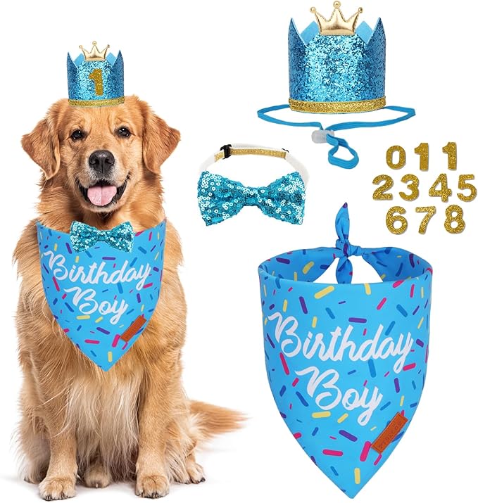 PTDECOR Dog Birthday Party Supplies, Multi Size Birthday Boy Bandana, Blue Crowns Dog Hat Set for Large X-Large Pets (X-Large)