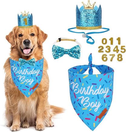 PTDECOR Dog Birthday Party Supplies, Multi Size Birthday Boy Bandana, Blue Crowns Dog Hat Set for Large X-Large Pets (X-Large)