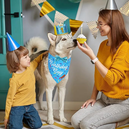PTDECOR Dog Birthday Party Supplies, Multi Size Birthday Boy Bandana, Blue Crowns Dog Hat Set for Large X-Large Pets (X-Large)