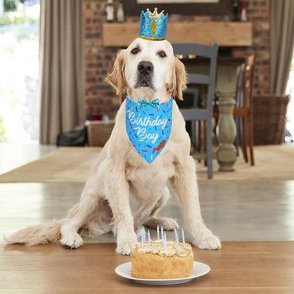 PTDECOR Dog Birthday Party Supplies, Multi Size Birthday Boy Bandana, Blue Crowns Dog Hat Set for Medium Large Pets (Large)