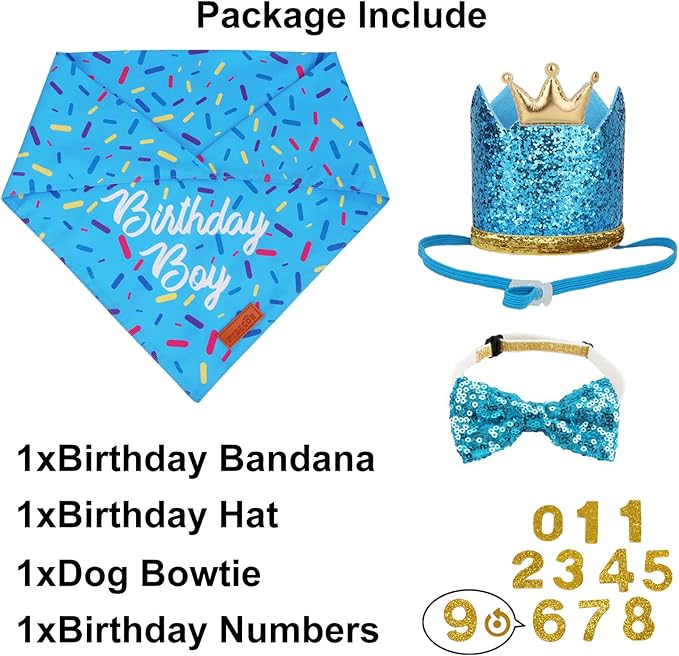 PTDECOR Dog Birthday Party Supplies, Multi Size Birthday Boy Bandana, Blue Crowns Dog Hat Set for Medium Large Pets (Large)