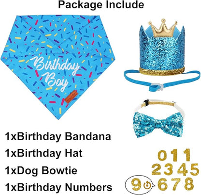 PTDECOR Dog Birthday Party Supplies, Multi Size Birthday Boy Bandana, Blue Crowns Dog Hat Set for Medium Large Pets (Large)