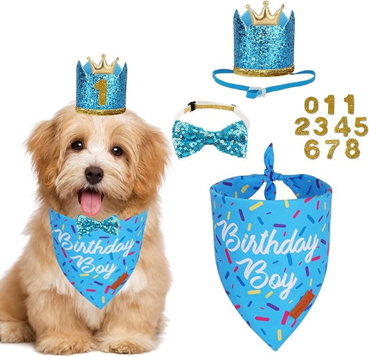 PTDECOR Dog Birthday Party Supplies, Multi Size Birthday Boy Bandana, Blue Crowns Dog Hat Set for Small Pets (Small)