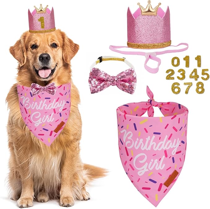PTDECOR Dog Birthday Party Supplies, Multi Size Birthday Girl Bandana, Pink Crowns Hat Set for Large X-Large Pets (X-Large)