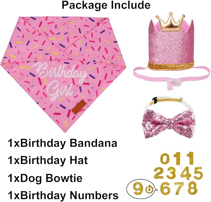 PTDECOR Dog Birthday Party Supplies, Multi Size Birthday Girl Bandana, Pink Crowns Hat Set for Medium Large Pets (Large)