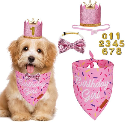 PTDECOR Dog Birthday Party Supplies, Multi Size Birthday Girl Bandana, Pink Crowns Hat Set for Small Pets (Small)